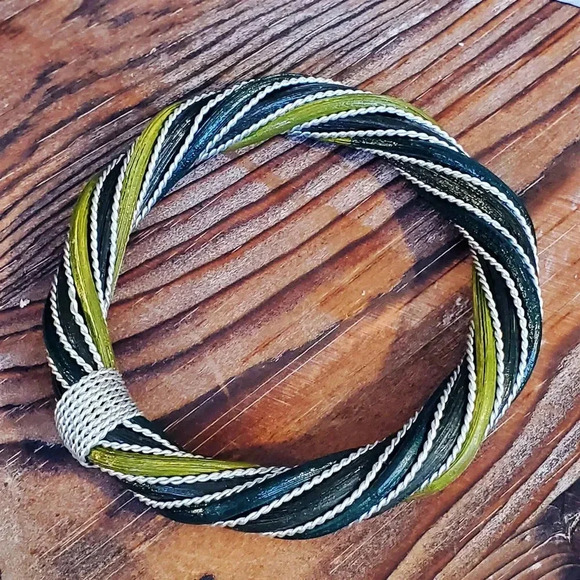 Handcrafted Twisted Rattan Wicker Olive Dark Green Silver Metal Bangle Bracelet - Picture 2 of 8